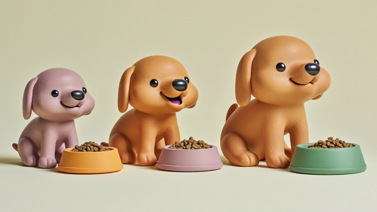 The food should grow with the puppy — matched formula and portion at every stage