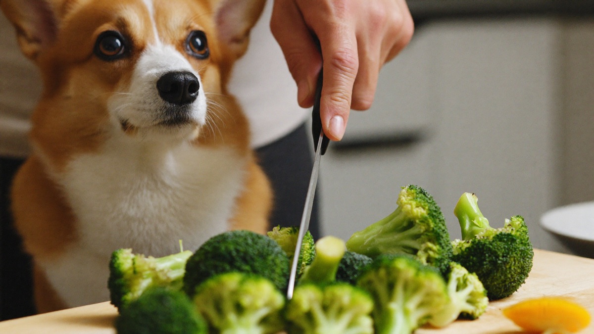 Steamed plain and cut small — the only preparation broccoli needs before it goes in the dog bowl