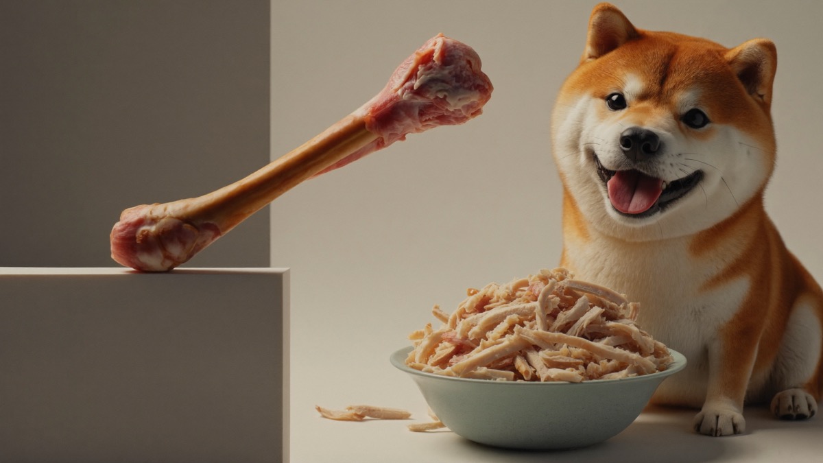 Plain boneless cooked chicken is safe — cooked bones splinter and are an emergency