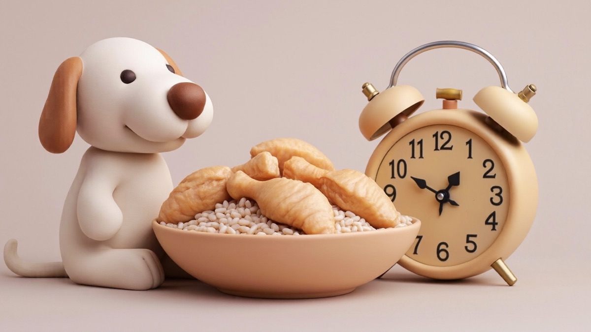 Small bland meals of chicken and rice, and a 24–48 hour window — if it isn't settling by then, call the vet