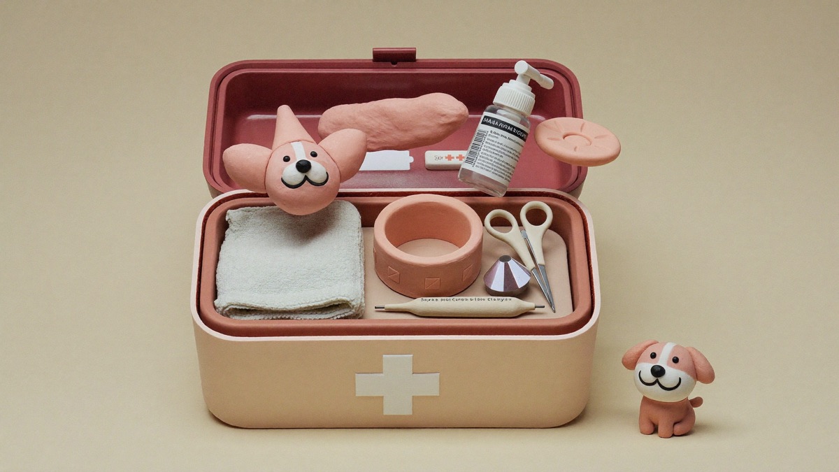 An open first aid box with everything a dog owner needs, laid out and ready