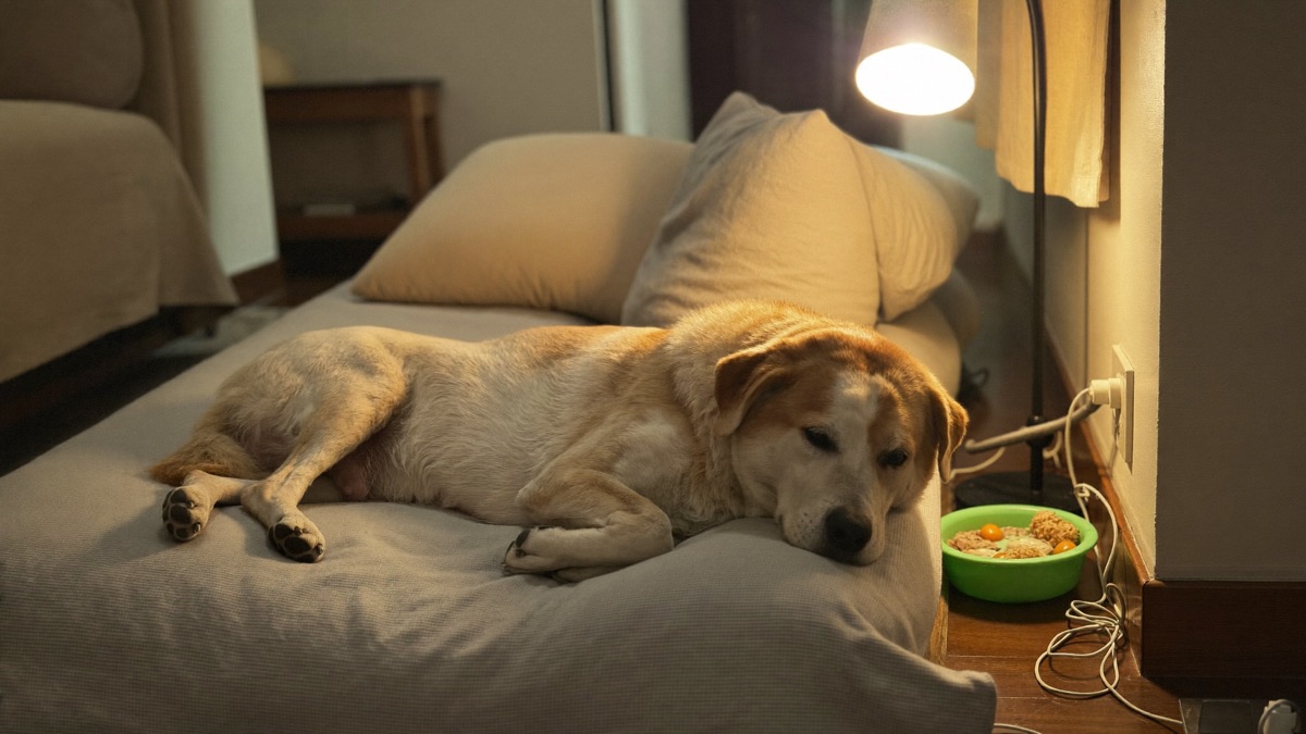 A senior dog resting on a thick orthopaedic bed in a quiet corner of an HDB living room