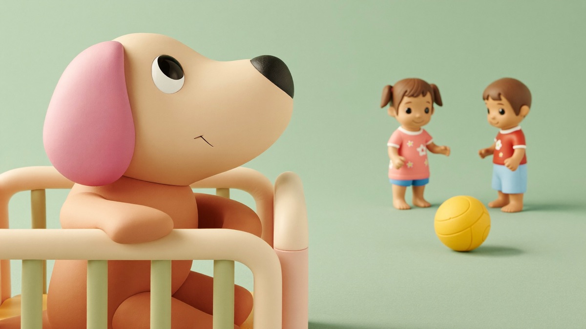 Training below threshold: behind a barrier and at a distance, the dog can watch children play and stay calm