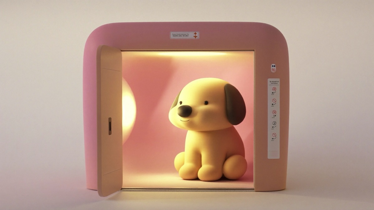 A dog settled calmly into the corner of the lift, where the walls do the protecting