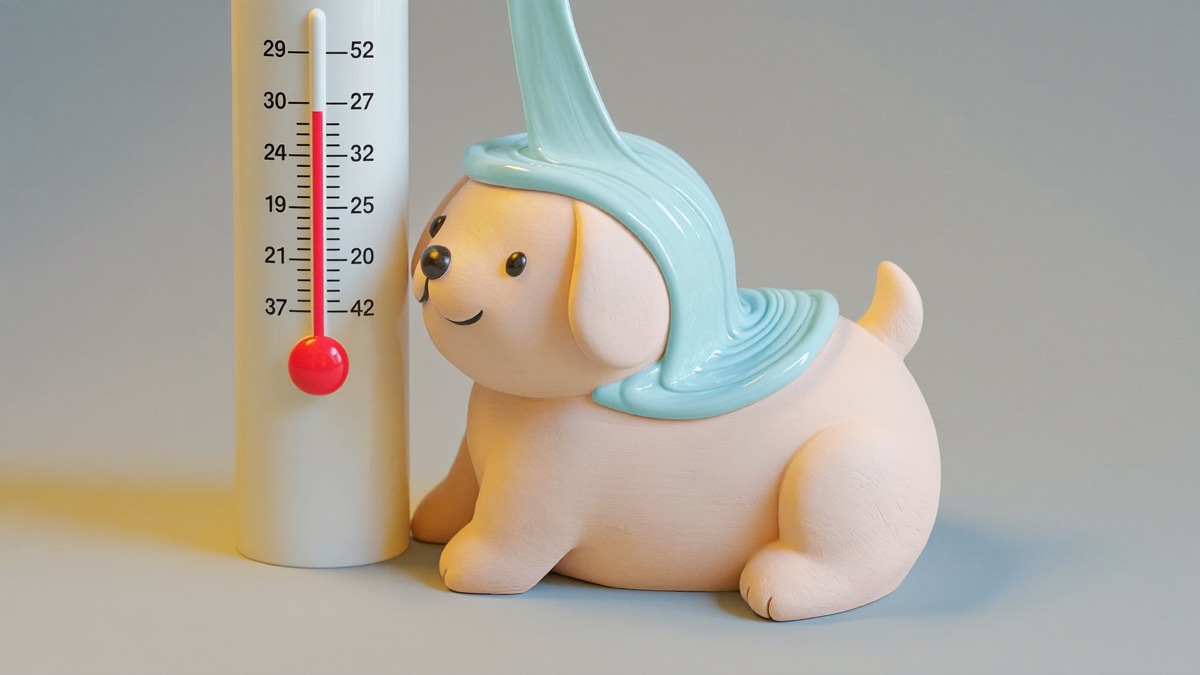 Heatstroke is body temperature rising past what a dog can shed — continuous cool running water is what brings it down safely