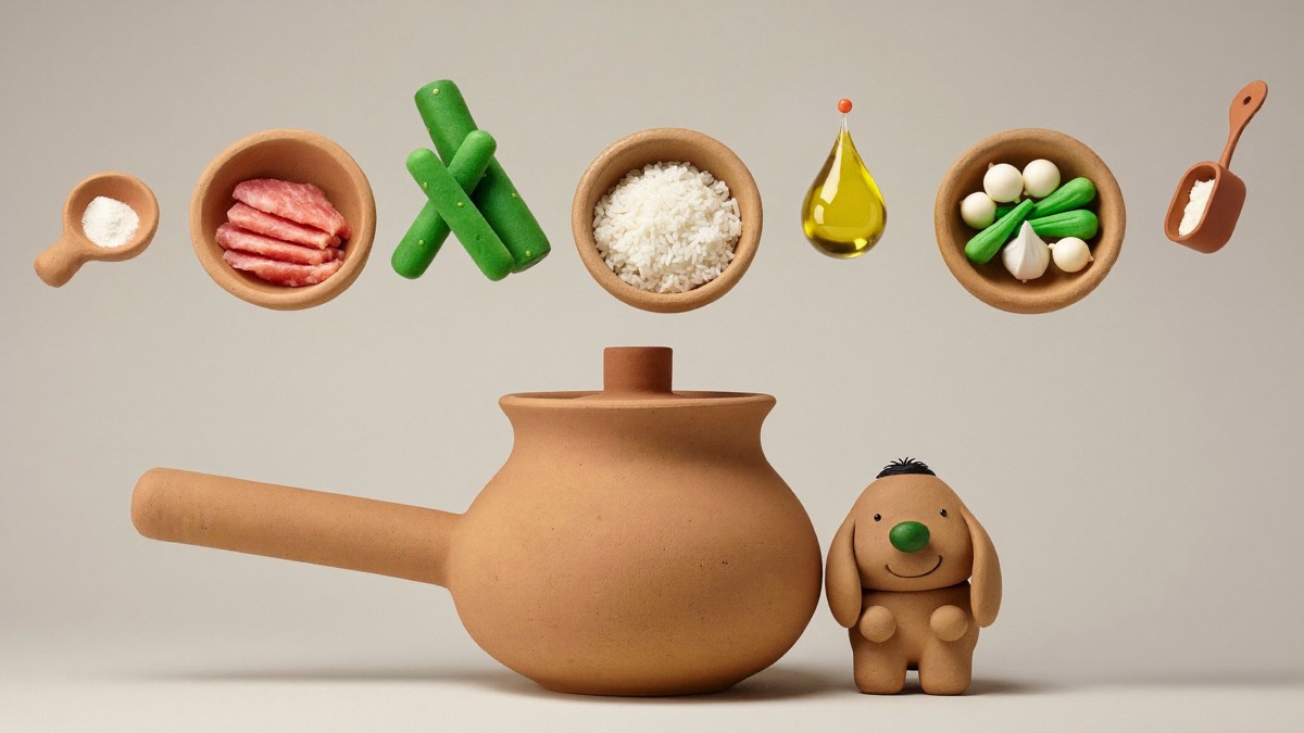 A complete home-cooked diet is five blocks in the recipe's exact proportions — protein, carb, veg, oil, and the supplement