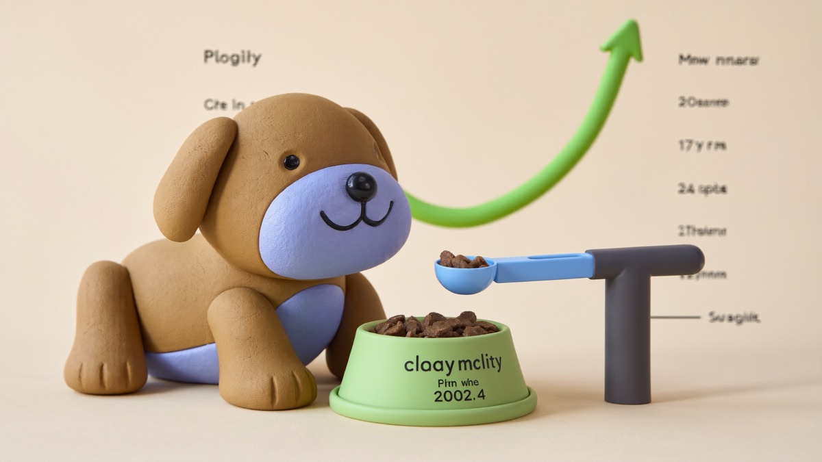 A measured scoop, a growing curve: portions change every few weeks as the puppy grows