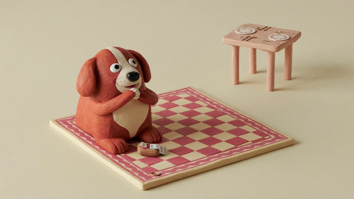Begging stops when the mat pays and the table never does — the dog settles with its own chew while dinner happens behind it
