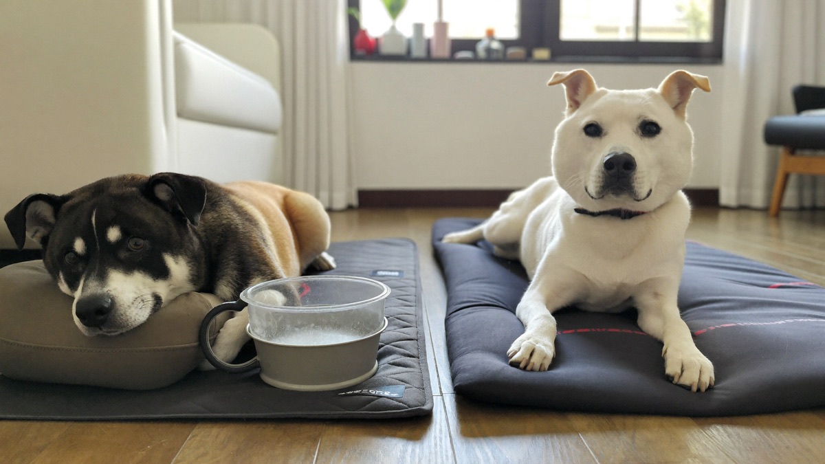 Two mats, two bowls, generous spacing — separate resources prevent the first argument