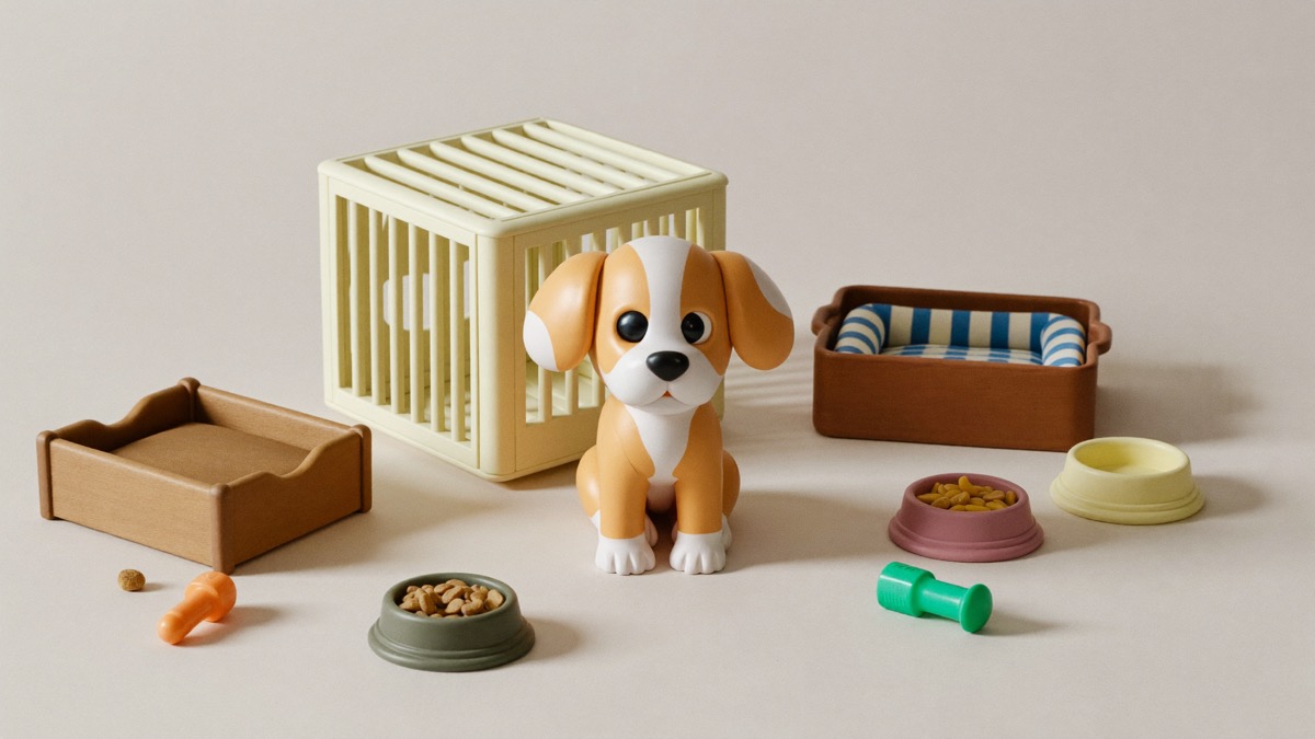 A crate, pen, bowls, bed and the breeder's food — the starter kit that steadies the first days