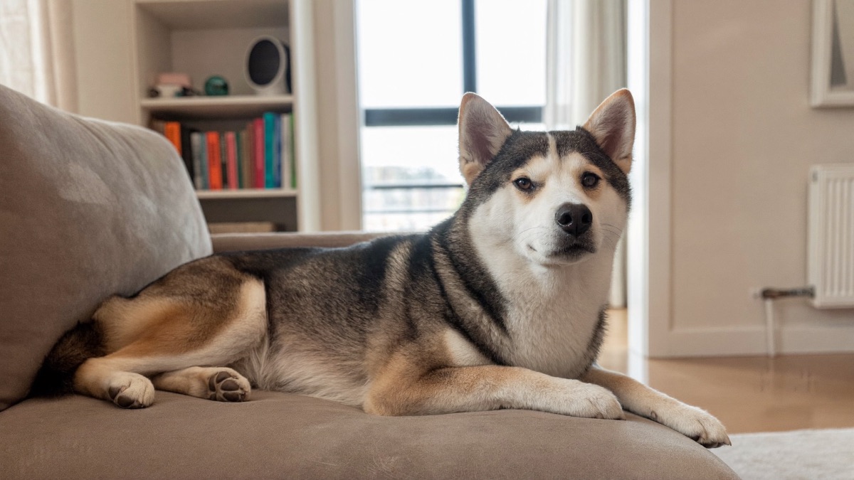 A camera watching a home-alone dog is the diagnostic tool — a dog this relaxed is bored at worst, not panicking