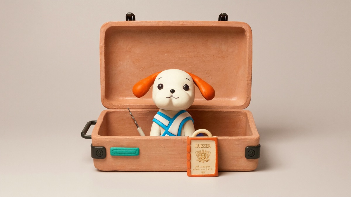 A dog with its travel crate and paperwork ready to fly
