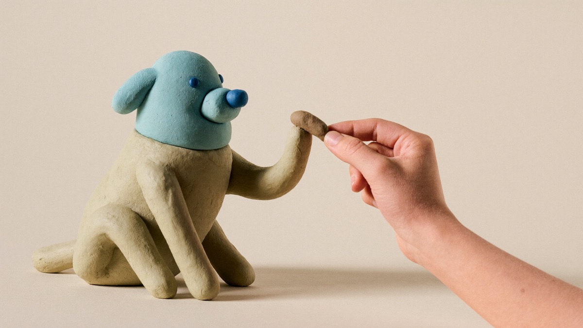 Lure-mark-reward: the nose follows the treat, the body follows the nose, the marker tells the dog which instant paid