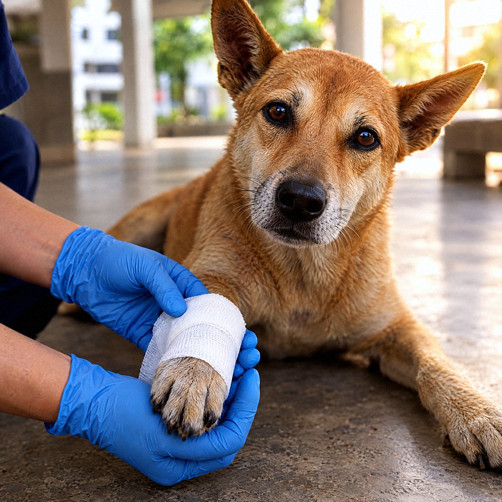 A vet's gloved hands bandage the paw of a calm tan dog