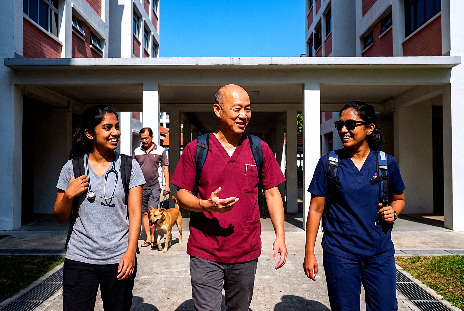 Three volunteer vets with backpacks and stethoscopes walk between HDB blocks in bright sunlight while a resident passes with a tan dog