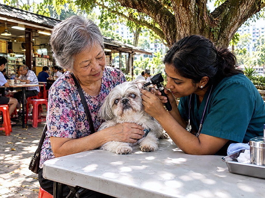 An elderly auntie holds her old shih tzu on a folding table while a vet examines its ear under a rain tree beside a coffee shop