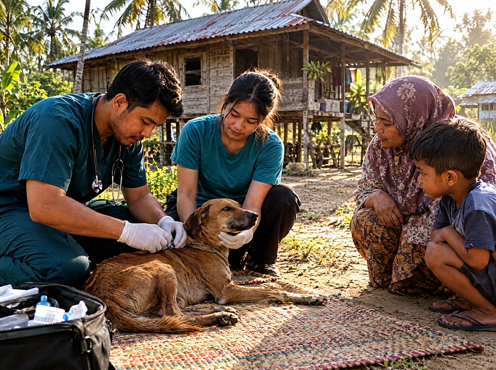 Volunteer vets treat a kampung dog on a mat in front of a wooden house while a family watches