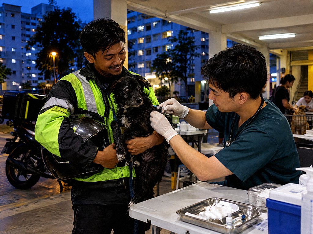A food delivery rider holds his small dog while a vet gives it a vaccination at a night pop-up clinic