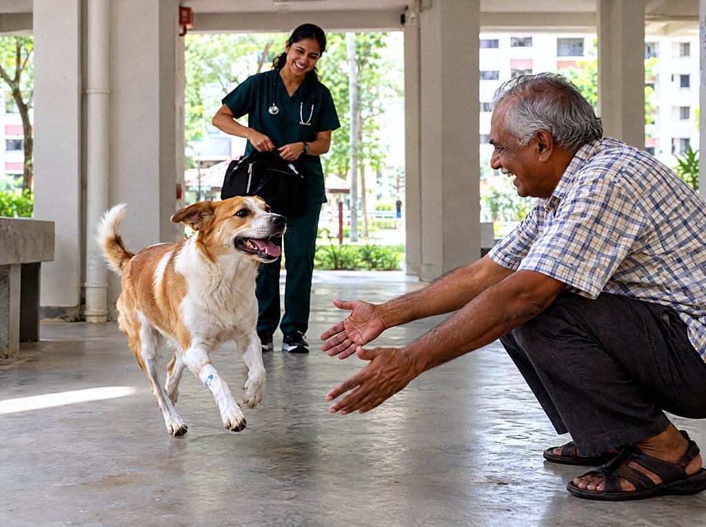 A dog with a bandaged leg runs across a void deck to its laughing elderly owner