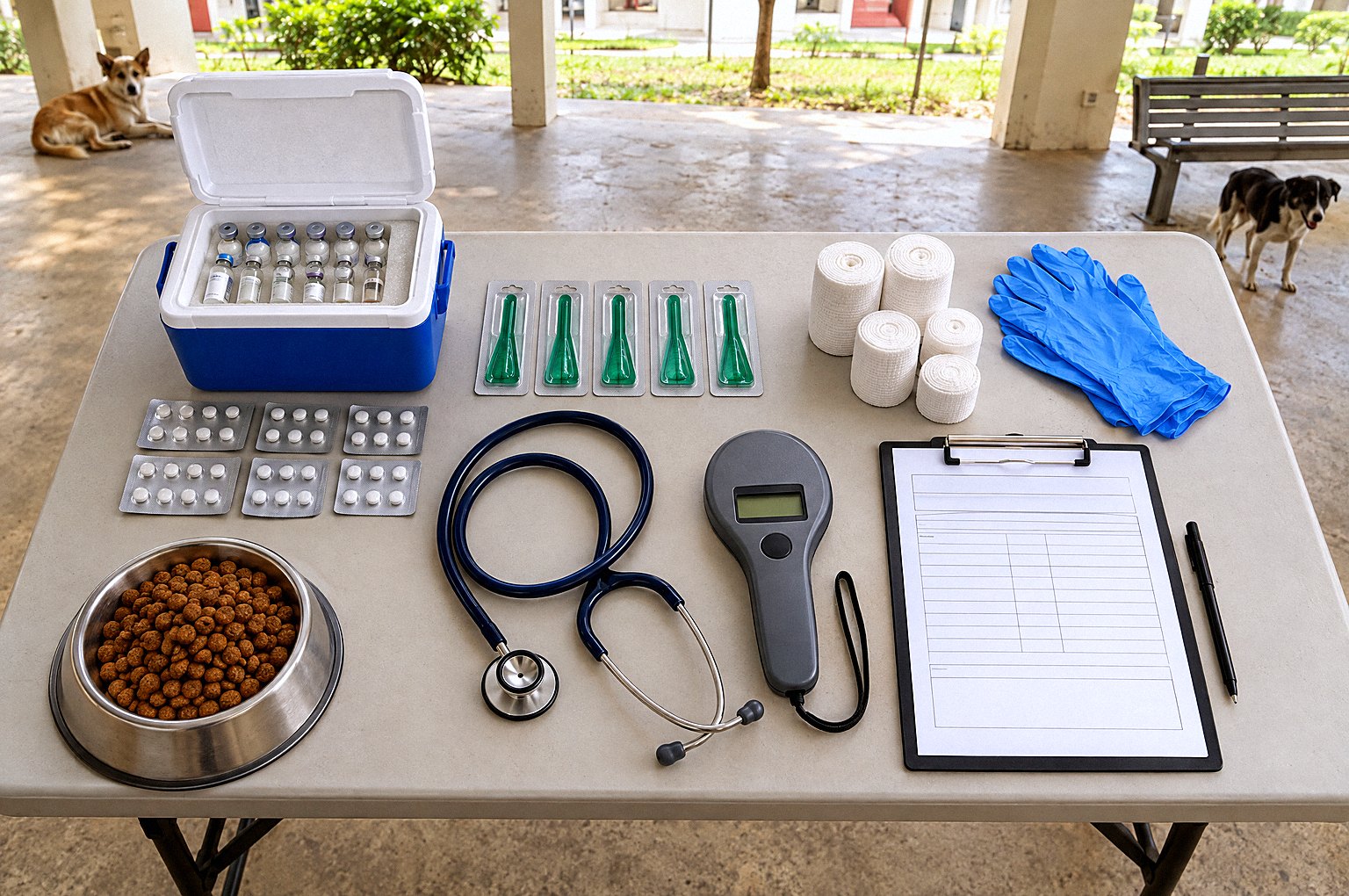 A folding table laid out with free veterinary supplies: deworming tablets, vaccine vials in a cooler, bandages, gloves, a stethoscope and a microchip scanner