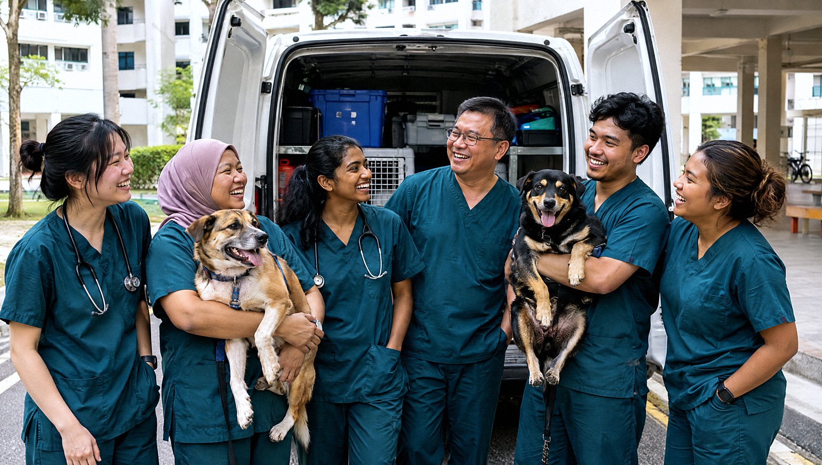 A group of volunteer vets and vet nurses in teal scrubs laugh together beside a supply van at the foot of an HDB block